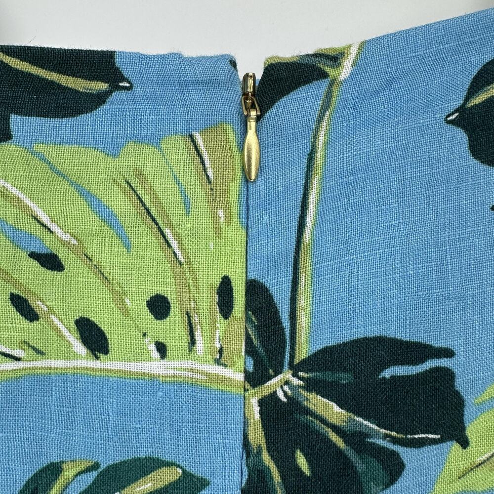 Draper James Dress Womens 4 Blue Green Leaf Linen Puff Sleeve Midi Fit Flare - Picture 9 of 10